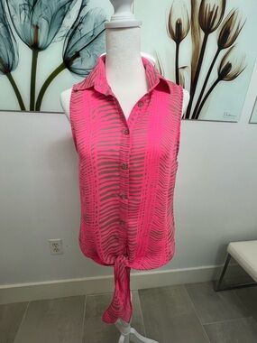 Parker Sleeveless Tie-Hem Button-Up Top - Hot Pink Zebra Print